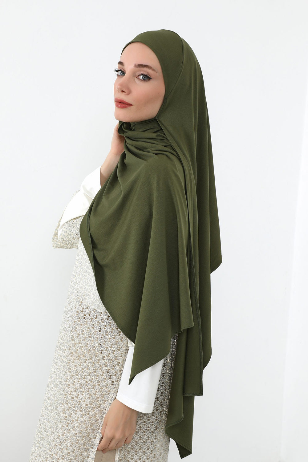 Neck-Covering Practical Jersey Hijab with Built-In Ninja Bonnet, Ready-to-Wear Hijab – Stretch Jersey Design with Integrated Undercap,PS-59 Army Green