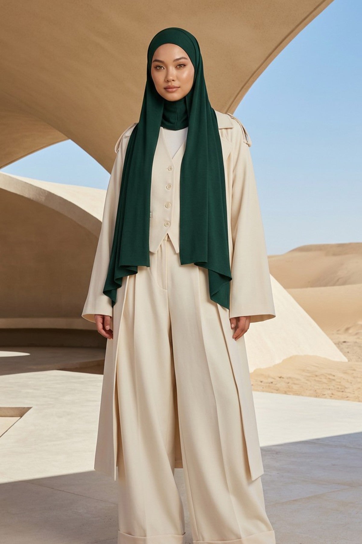 Neck-Covering Practical Jersey Hijab with Built-In Ninja Bonnet, Ready-to-Wear Hijab – Stretch Jersey Design with Integrated Undercap,PS-59 Green