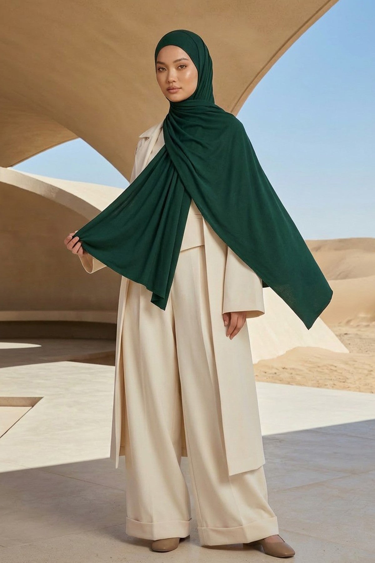 Neck-Covering Practical Jersey Hijab with Built-In Ninja Bonnet, Ready-to-Wear Hijab – Stretch Jersey Design with Integrated Undercap,PS-59 Green