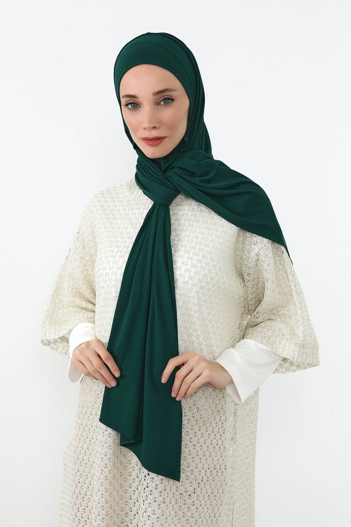 Neck-Covering Practical Jersey Hijab with Built-In Ninja Bonnet, Ready-to-Wear Hijab – Stretch Jersey Design with Integrated Undercap,PS-59 Green