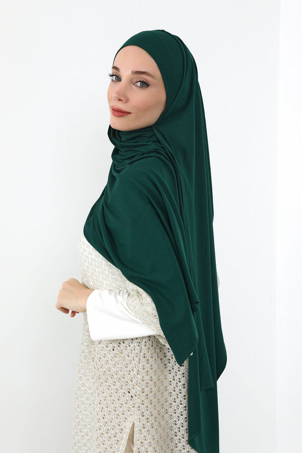 Neck-Covering Practical Jersey Hijab with Built-In Ninja Bonnet, Ready-to-Wear Hijab – Stretch Jersey Design with Integrated Undercap,PS-59 Green