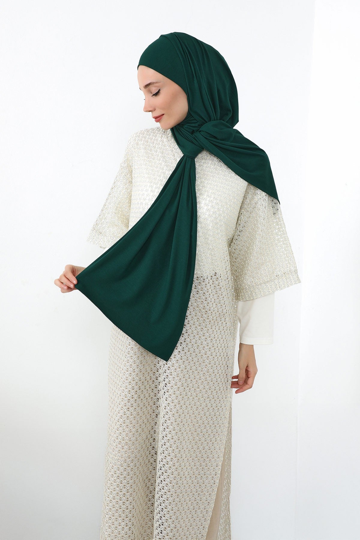 Neck-Covering Practical Jersey Hijab with Built-In Ninja Bonnet, Ready-to-Wear Hijab – Stretch Jersey Design with Integrated Undercap,PS-59 Green