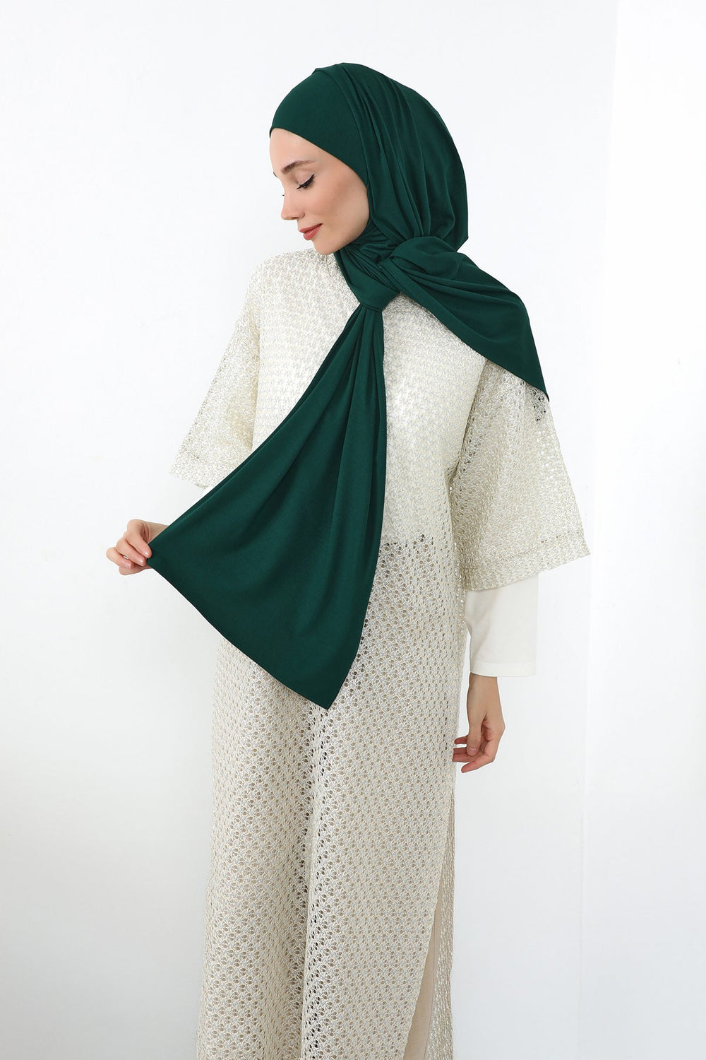 Neck-Covering Practical Jersey Hijab with Built-In Ninja Bonnet, Ready-to-Wear Hijab – Stretch Jersey Design with Integrated Undercap,PS-59 Green