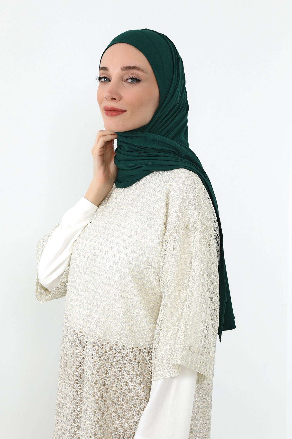 Neck-Covering Practical Jersey Hijab with Built-In Ninja Bonnet, Ready-to-Wear Hijab – Stretch Jersey Design with Integrated Undercap,PS-59 Green