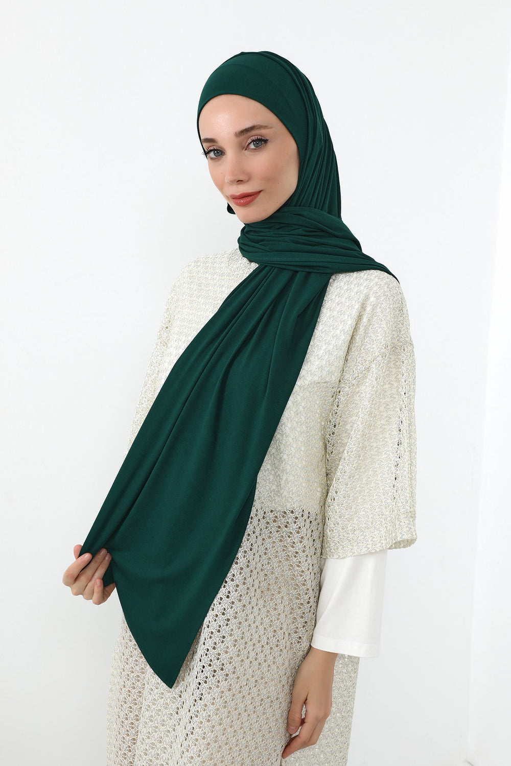 Neck-Covering Practical Jersey Hijab with Built-In Ninja Bonnet, Ready-to-Wear Hijab – Stretch Jersey Design with Integrated Undercap,PS-59 Green