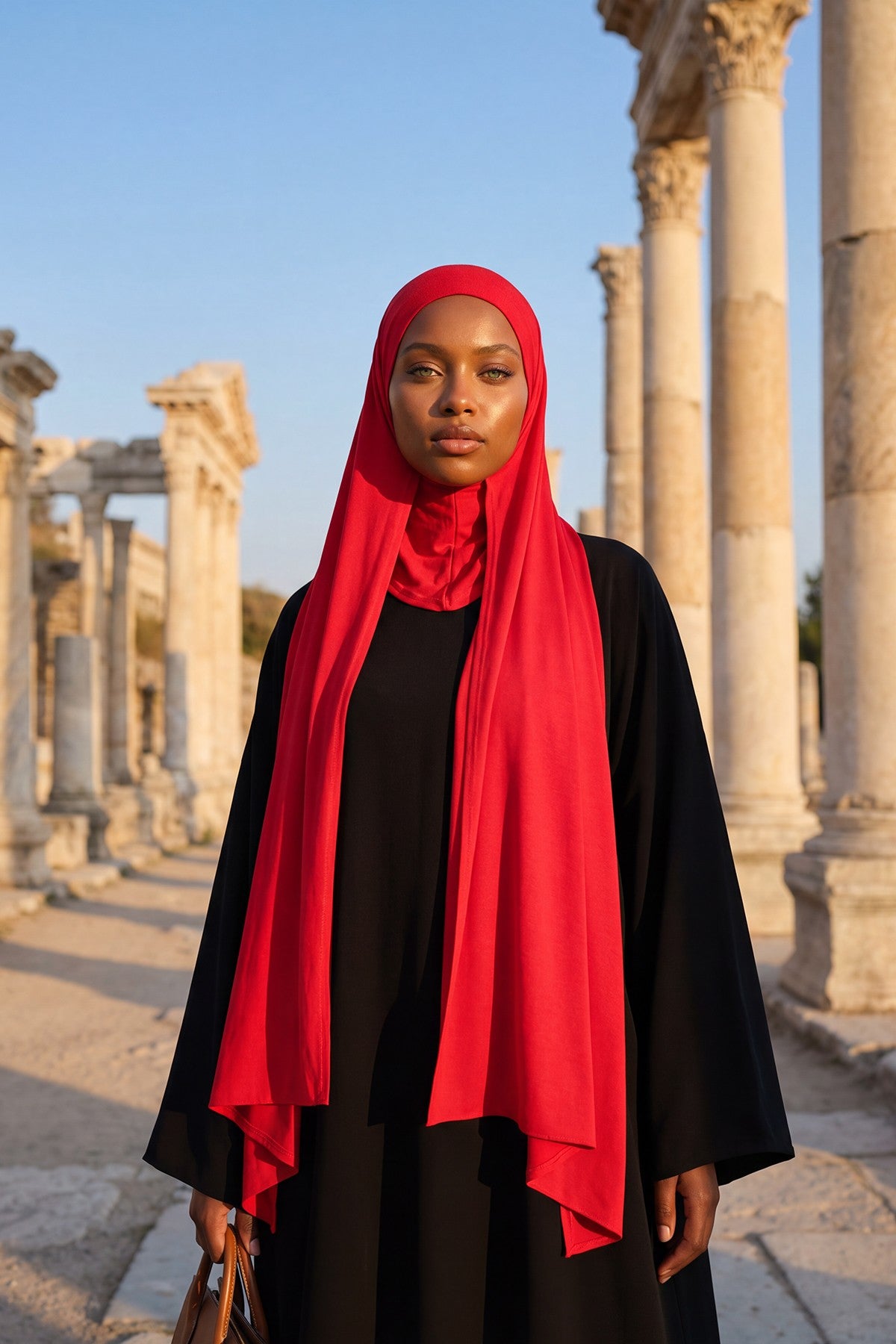Neck-Covering Practical Jersey Hijab with Built-In Ninja Bonnet, Ready-to-Wear Hijab – Stretch Jersey Design with Integrated Undercap,PS-59 Red