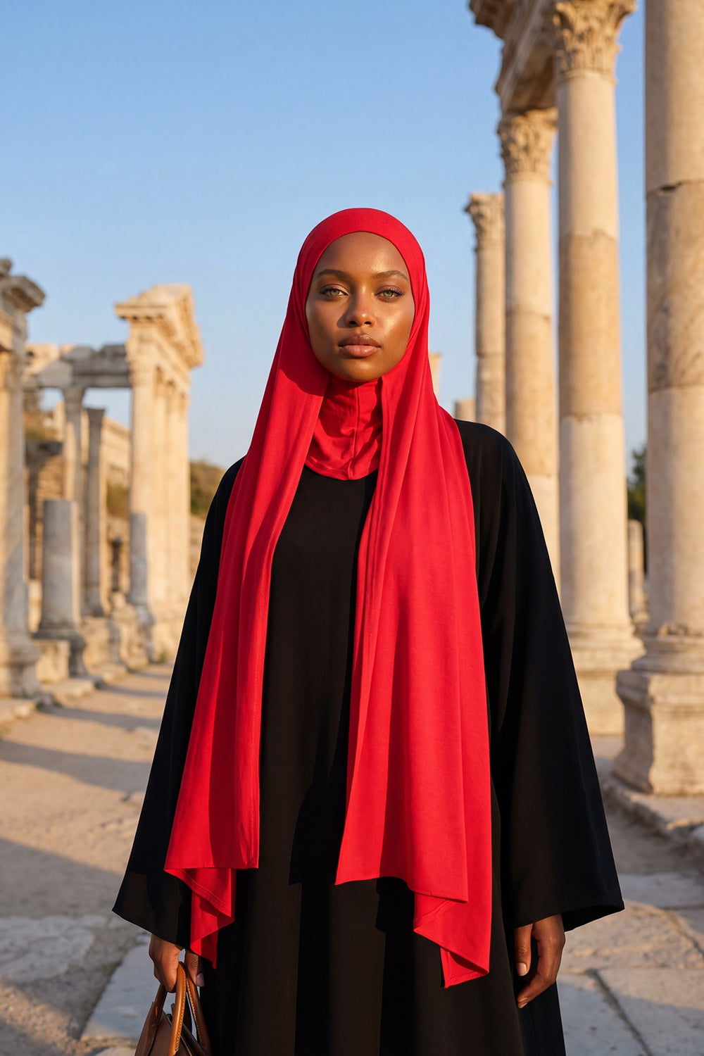 Neck-Covering Practical Jersey Hijab with Built-In Ninja Bonnet, Ready-to-Wear Hijab – Stretch Jersey Design with Integrated Undercap,PS-59 Red