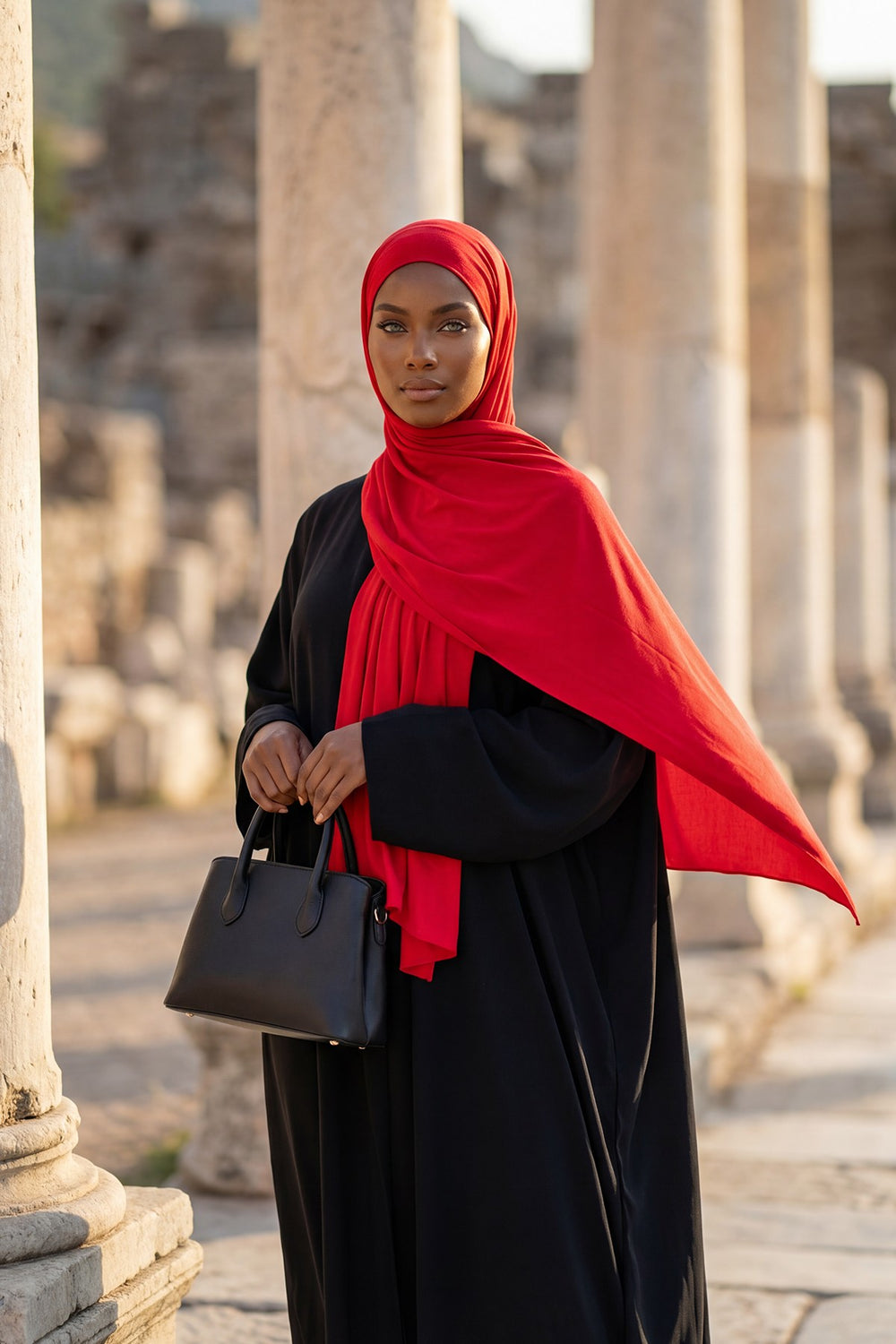 Neck-Covering Practical Jersey Hijab with Built-In Ninja Bonnet, Ready-to-Wear Hijab – Stretch Jersey Design with Integrated Undercap,PS-59 Red