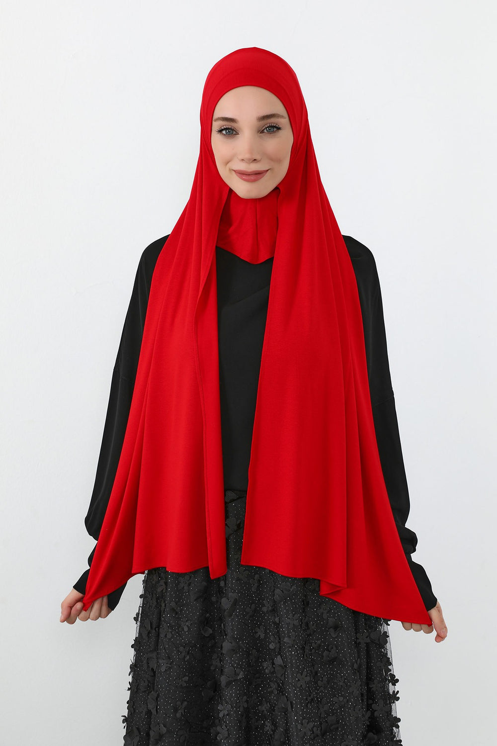 Neck-Covering Practical Jersey Hijab with Built-In Ninja Bonnet, Ready-to-Wear Hijab – Stretch Jersey Design with Integrated Undercap,PS-59 Red
