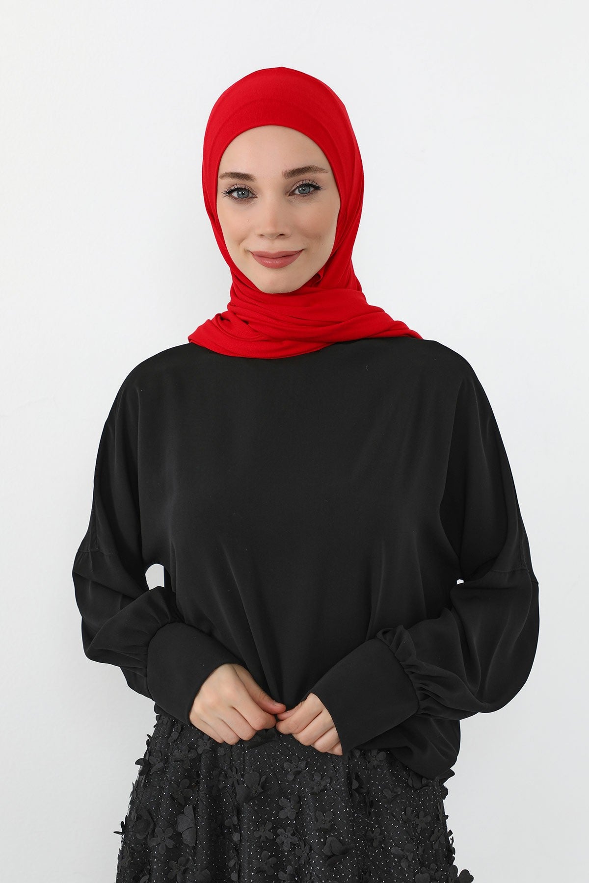 Neck-Covering Practical Jersey Hijab with Built-In Ninja Bonnet, Ready-to-Wear Hijab – Stretch Jersey Design with Integrated Undercap,PS-59 Red