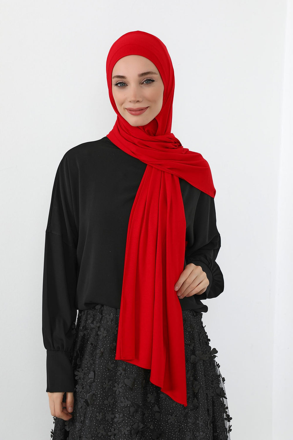 Neck-Covering Practical Jersey Hijab with Built-In Ninja Bonnet, Ready-to-Wear Hijab – Stretch Jersey Design with Integrated Undercap,PS-59 Red