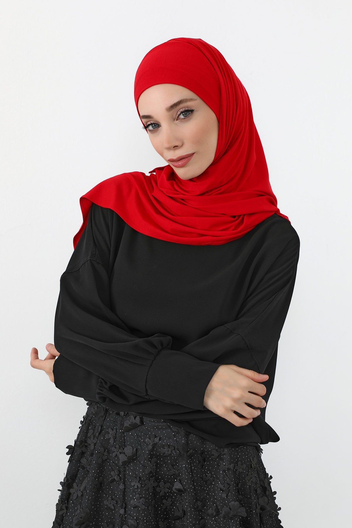 Neck-Covering Practical Jersey Hijab with Built-In Ninja Bonnet, Ready-to-Wear Hijab – Stretch Jersey Design with Integrated Undercap,PS-59 Red