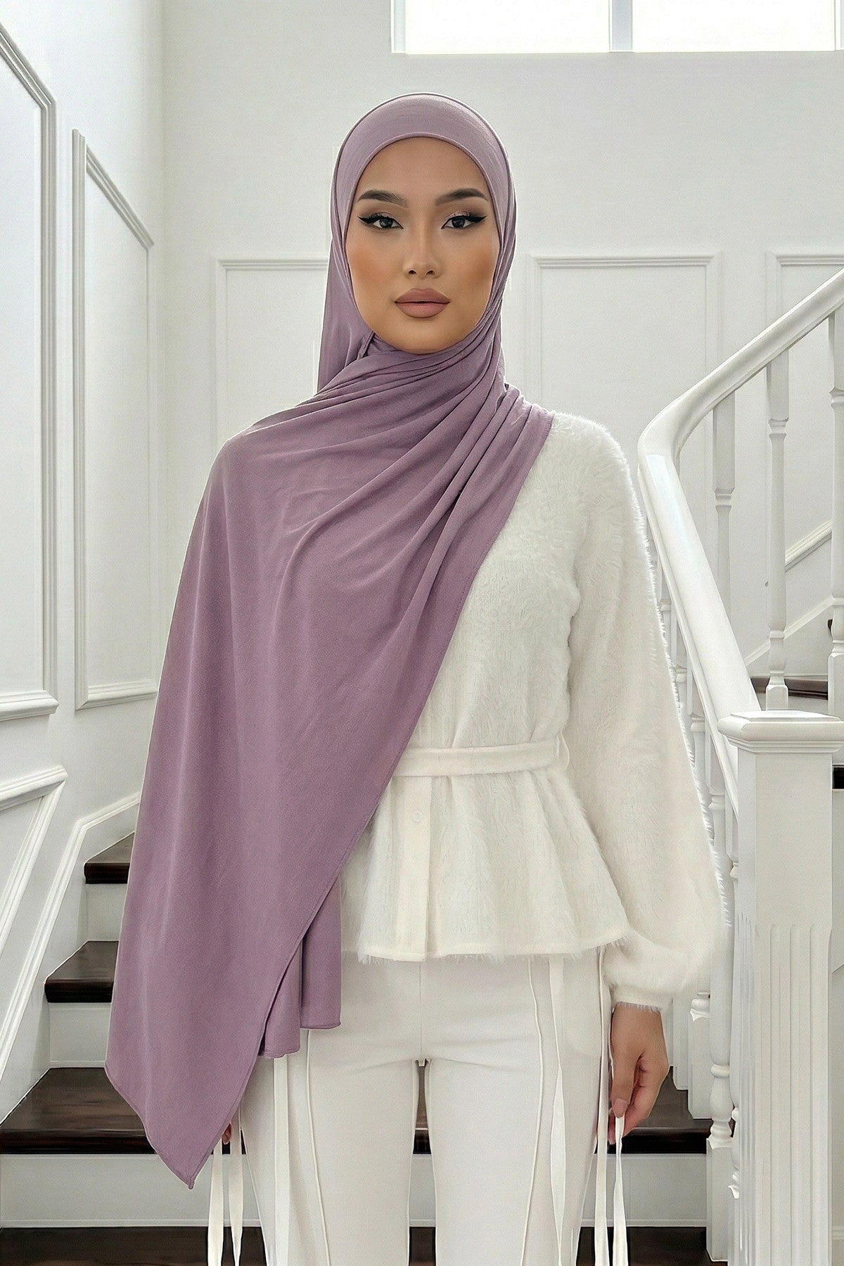 Neck-Covering Practical Jersey Hijab with Built-In Ninja Bonnet, Ready-to-Wear Hijab – Stretch Jersey Design with Integrated Undercap,PS-59 Lilac
