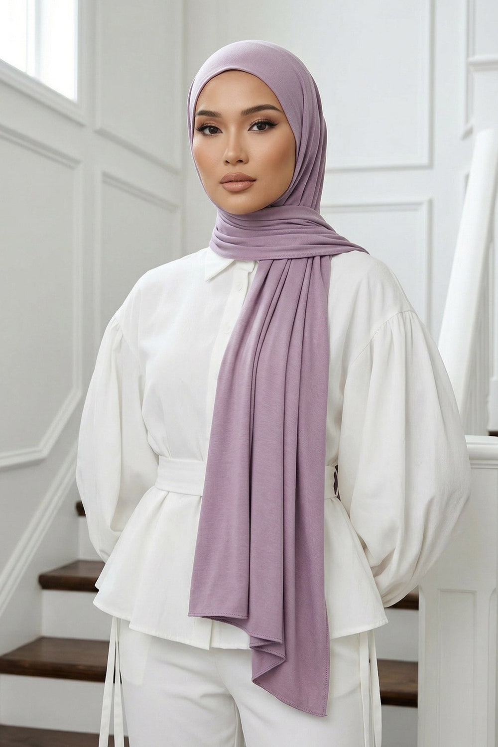 Neck-Covering Practical Jersey Hijab with Built-In Ninja Bonnet, Ready-to-Wear Hijab – Stretch Jersey Design with Integrated Undercap,PS-59 Lilac