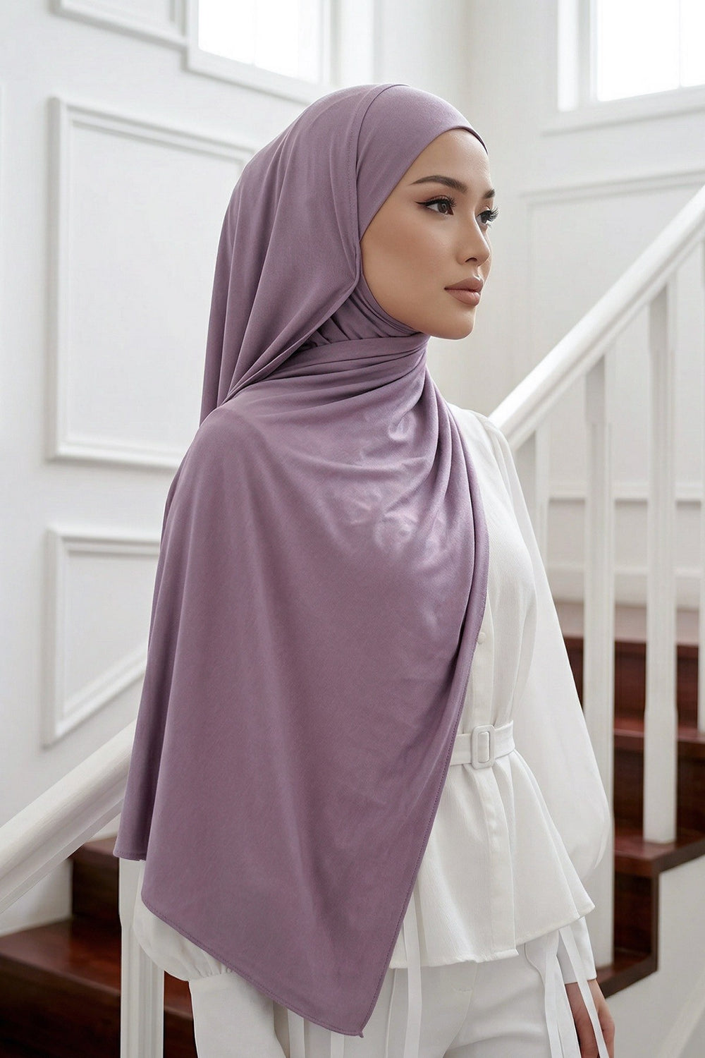 Neck-Covering Practical Jersey Hijab with Built-In Ninja Bonnet, Ready-to-Wear Hijab – Stretch Jersey Design with Integrated Undercap,PS-59 Lilac