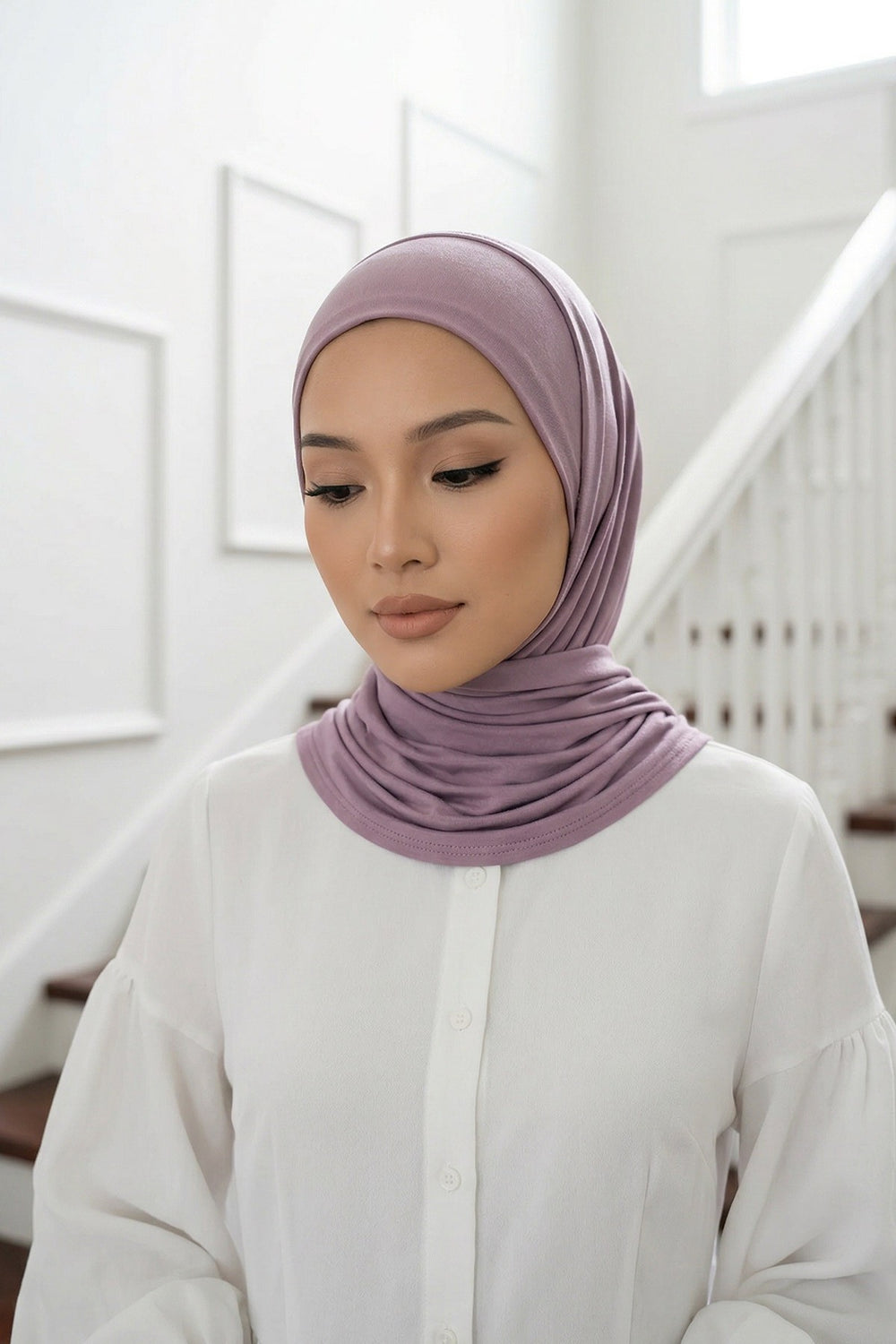 Neck-Covering Practical Jersey Hijab with Built-In Ninja Bonnet, Ready-to-Wear Hijab – Stretch Jersey Design with Integrated Undercap,PS-59 Lilac