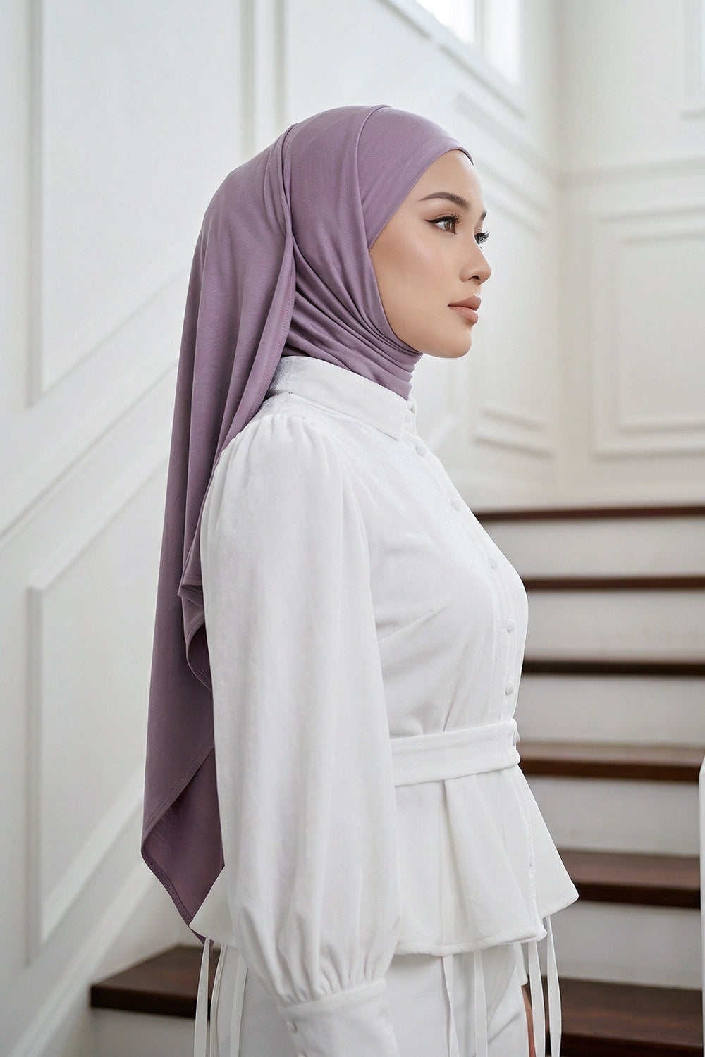 Neck-Covering Practical Jersey Hijab with Built-In Ninja Bonnet, Ready-to-Wear Hijab – Stretch Jersey Design with Integrated Undercap,PS-59 Lilac