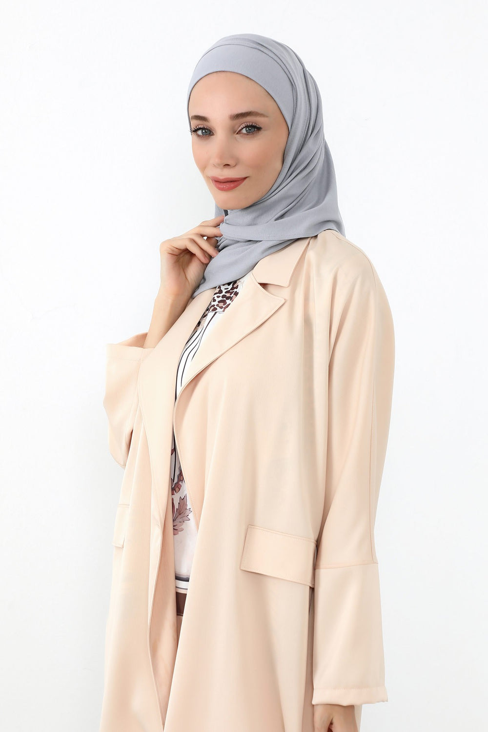Neck-Covering Practical Jersey Hijab with Built-In Ninja Bonnet, Ready-to-Wear Hijab – Stretch Jersey Design with Integrated Undercap,PS-59 Grey 2