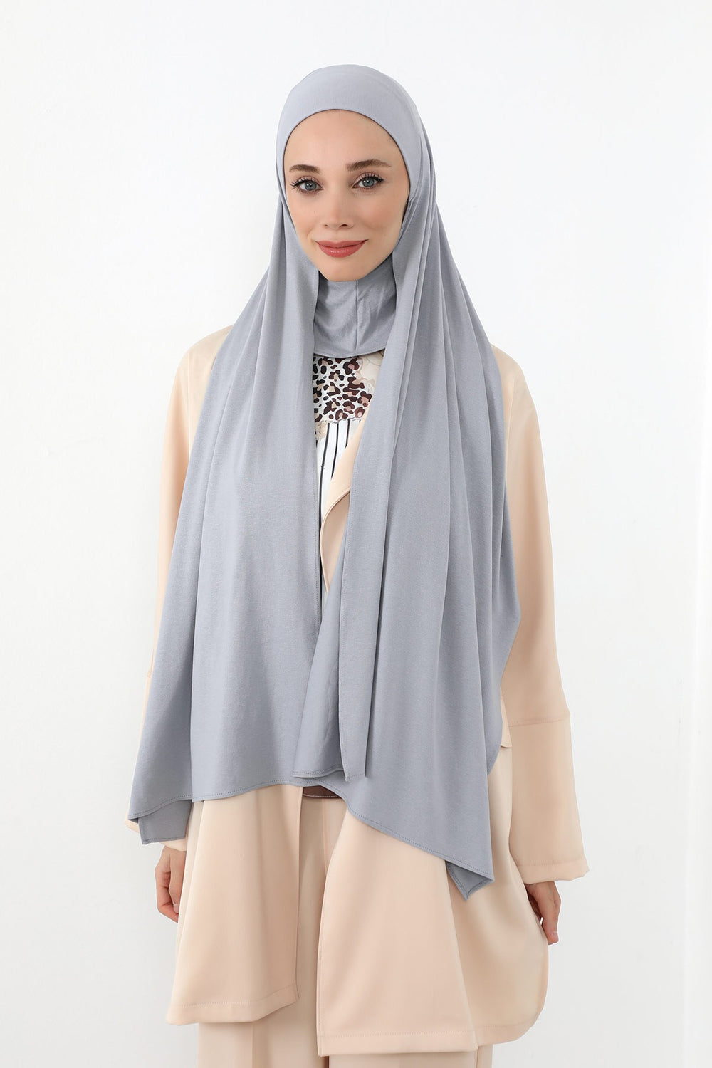 Neck-Covering Practical Jersey Hijab with Built-In Ninja Bonnet, Ready-to-Wear Hijab – Stretch Jersey Design with Integrated Undercap,PS-59 Grey 2
