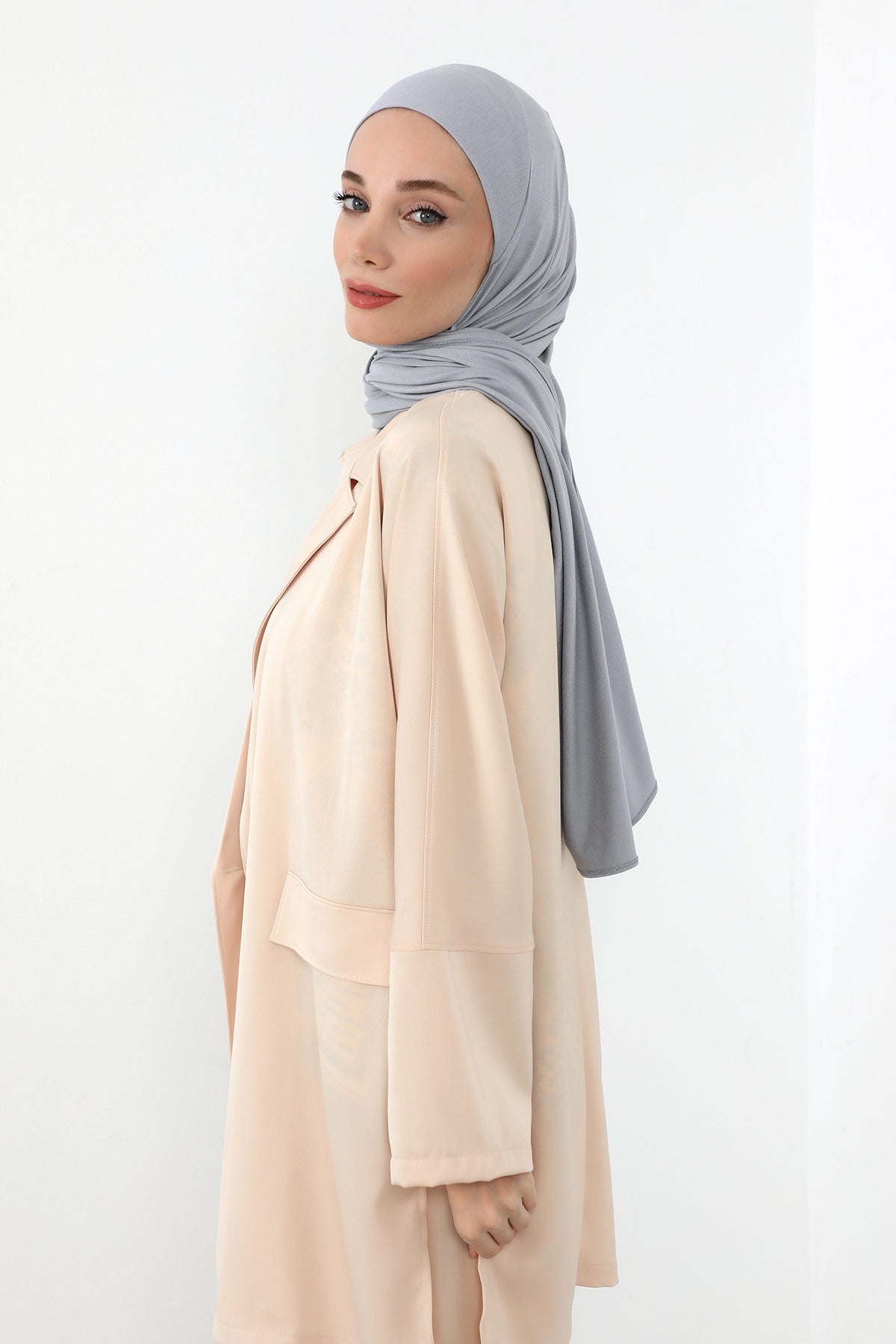 Neck-Covering Practical Jersey Hijab with Built-In Ninja Bonnet, Ready-to-Wear Hijab – Stretch Jersey Design with Integrated Undercap,PS-59 Grey 2