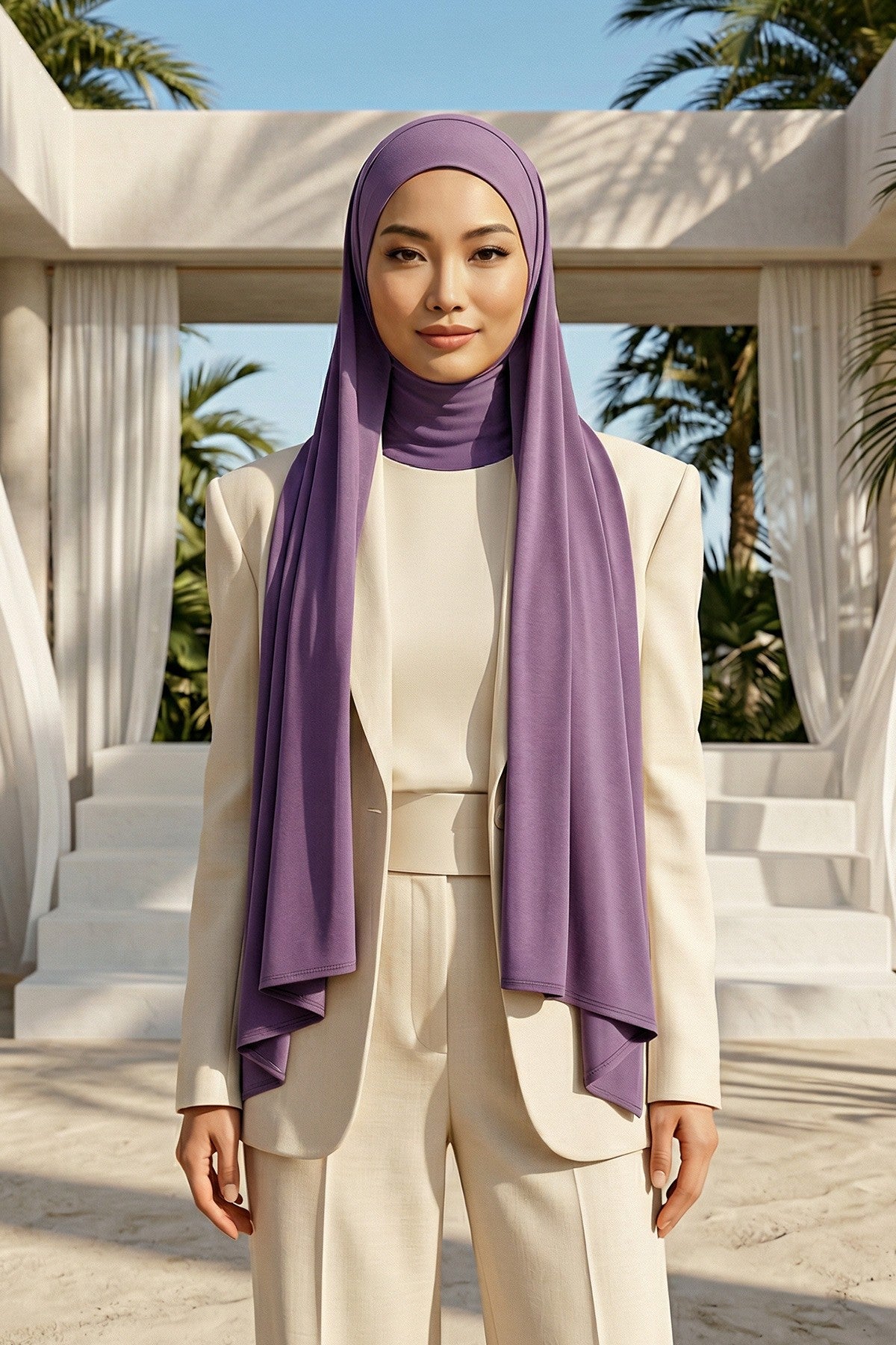 Neck-Covering Practical Jersey Hijab with Built-In Ninja Bonnet, Ready-to-Wear Hijab – Stretch Jersey Design with Integrated Undercap,PS-59 Purple 2