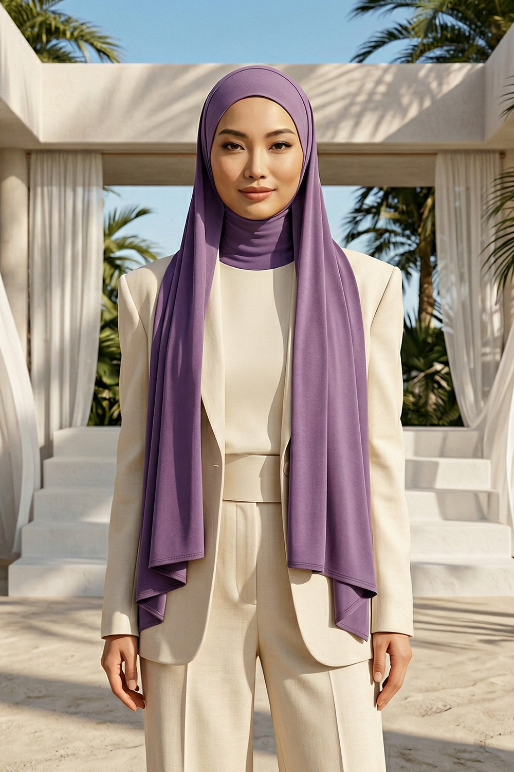 Neck-Covering Practical Jersey Hijab with Built-In Ninja Bonnet, Ready-to-Wear Hijab – Stretch Jersey Design with Integrated Undercap,PS-59 Purple 2