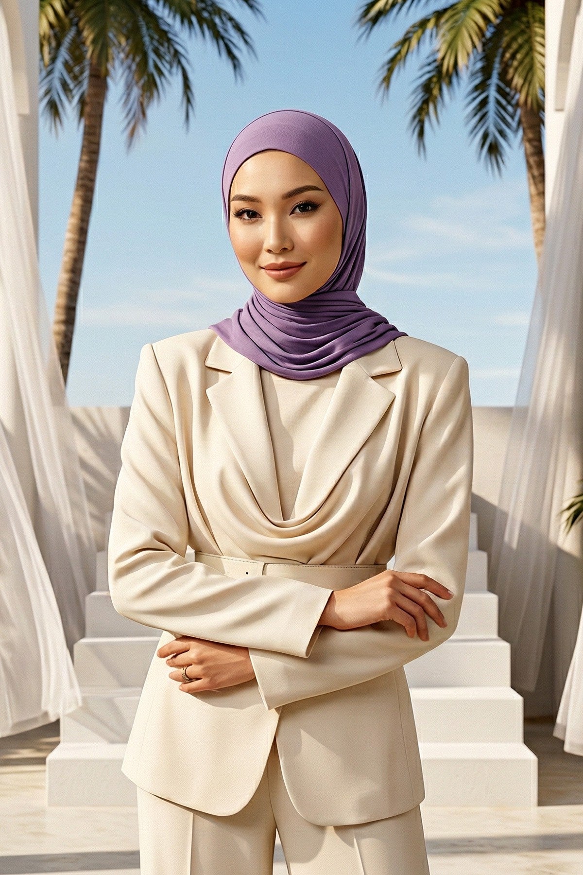 Neck-Covering Practical Jersey Hijab with Built-In Ninja Bonnet, Ready-to-Wear Hijab – Stretch Jersey Design with Integrated Undercap,PS-59 Purple 2
