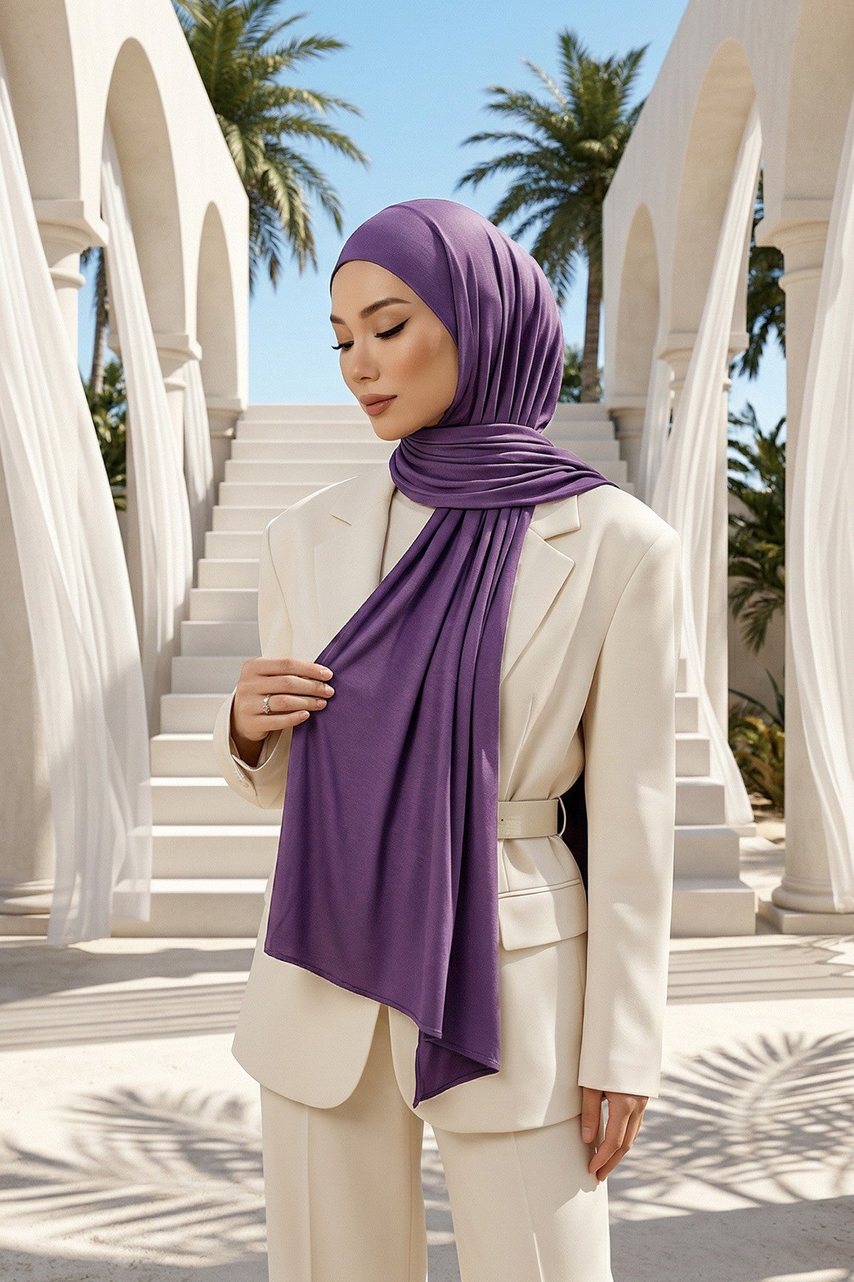 Neck-Covering Practical Jersey Hijab with Built-In Ninja Bonnet, Ready-to-Wear Hijab – Stretch Jersey Design with Integrated Undercap,PS-59 Purple 2