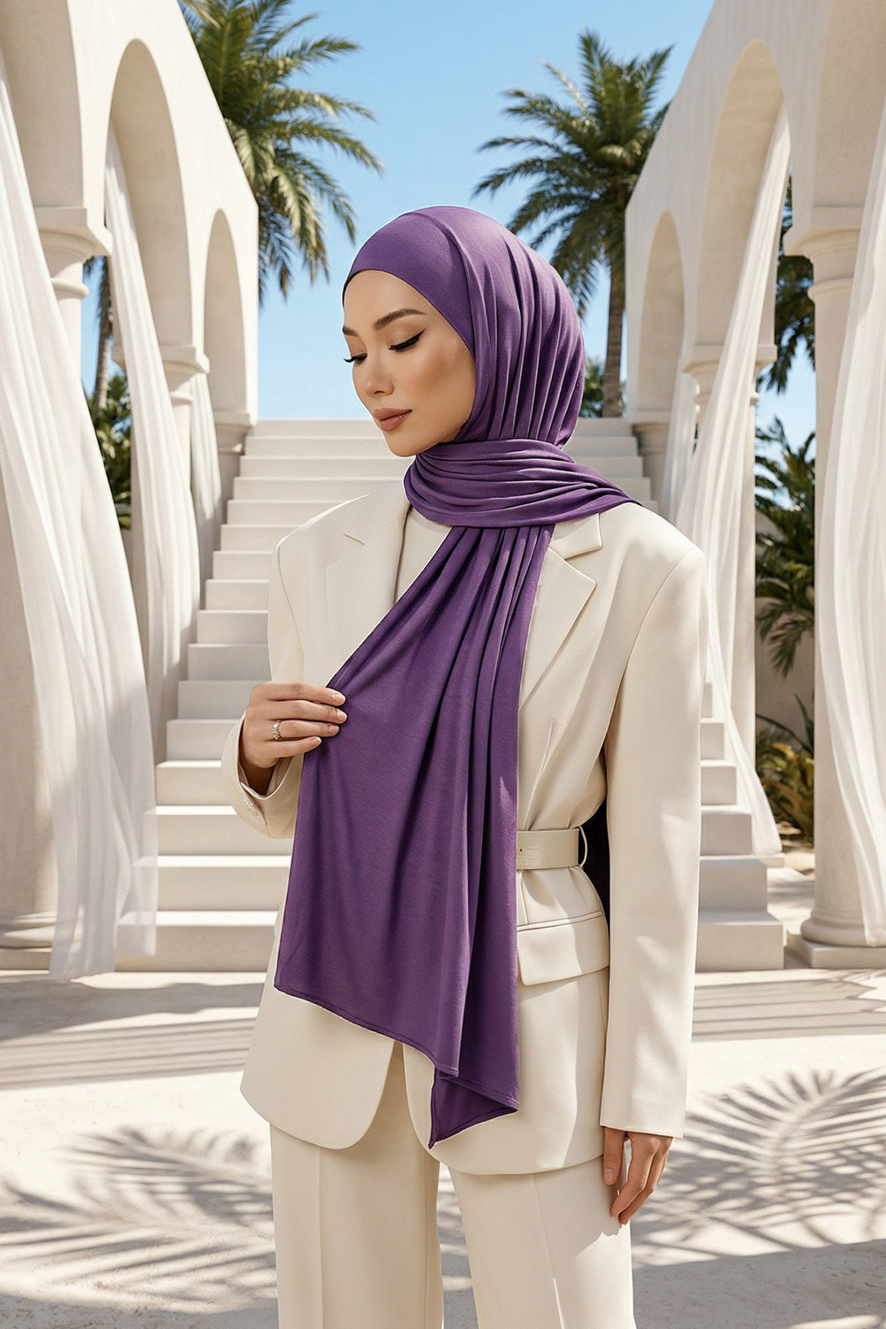 Neck-Covering Practical Jersey Hijab with Built-In Ninja Bonnet, Ready-to-Wear Hijab – Stretch Jersey Design with Integrated Undercap,PS-59 Purple 2