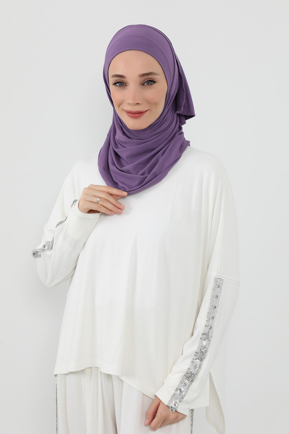 Neck-Covering Practical Jersey Hijab with Built-In Ninja Bonnet, Ready-to-Wear Hijab – Stretch Jersey Design with Integrated Undercap,PS-59 Purple 2