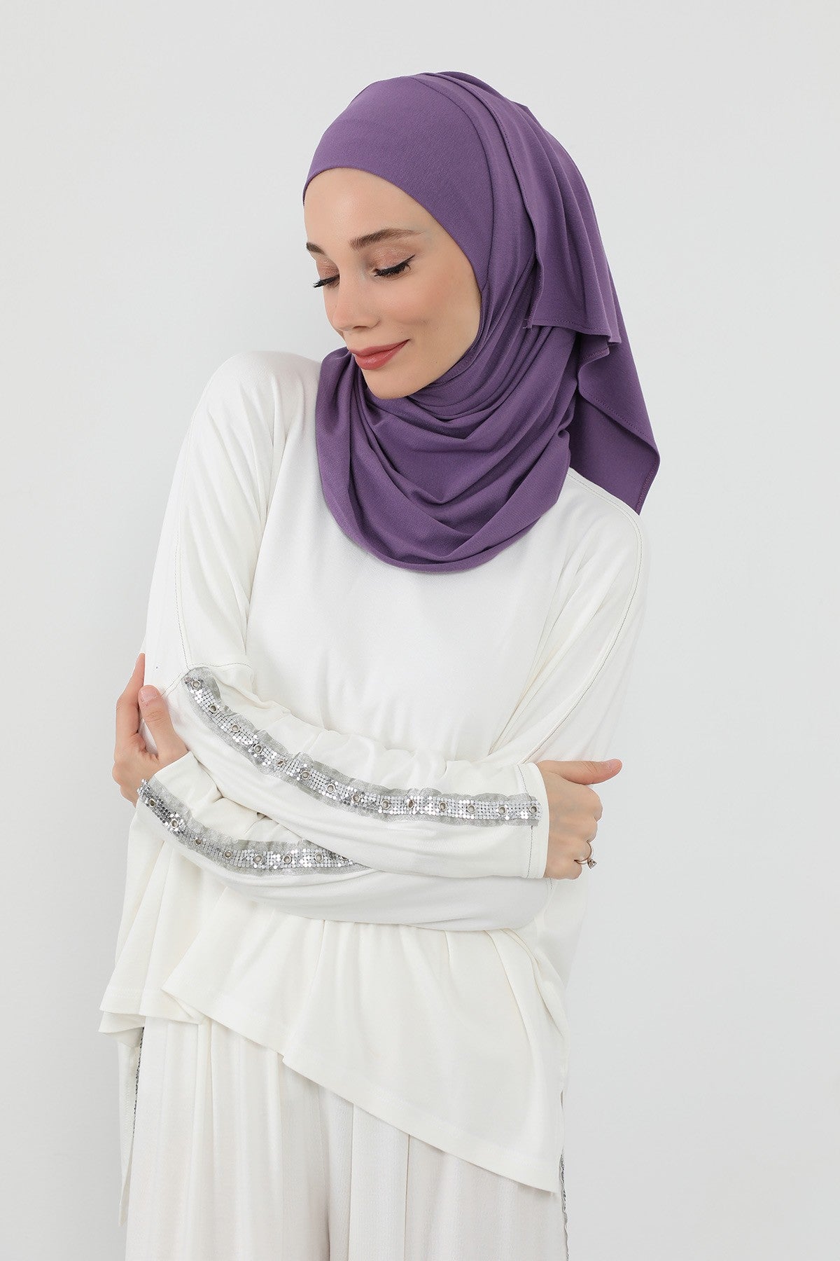 Neck-Covering Practical Jersey Hijab with Built-In Ninja Bonnet, Ready-to-Wear Hijab – Stretch Jersey Design with Integrated Undercap,PS-59 Purple 2