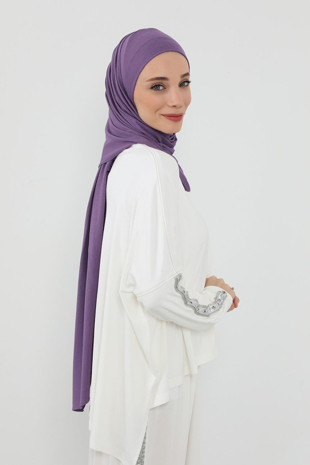 Neck-Covering Practical Jersey Hijab with Built-In Ninja Bonnet, Ready-to-Wear Hijab – Stretch Jersey Design with Integrated Undercap,PS-59 Purple 2