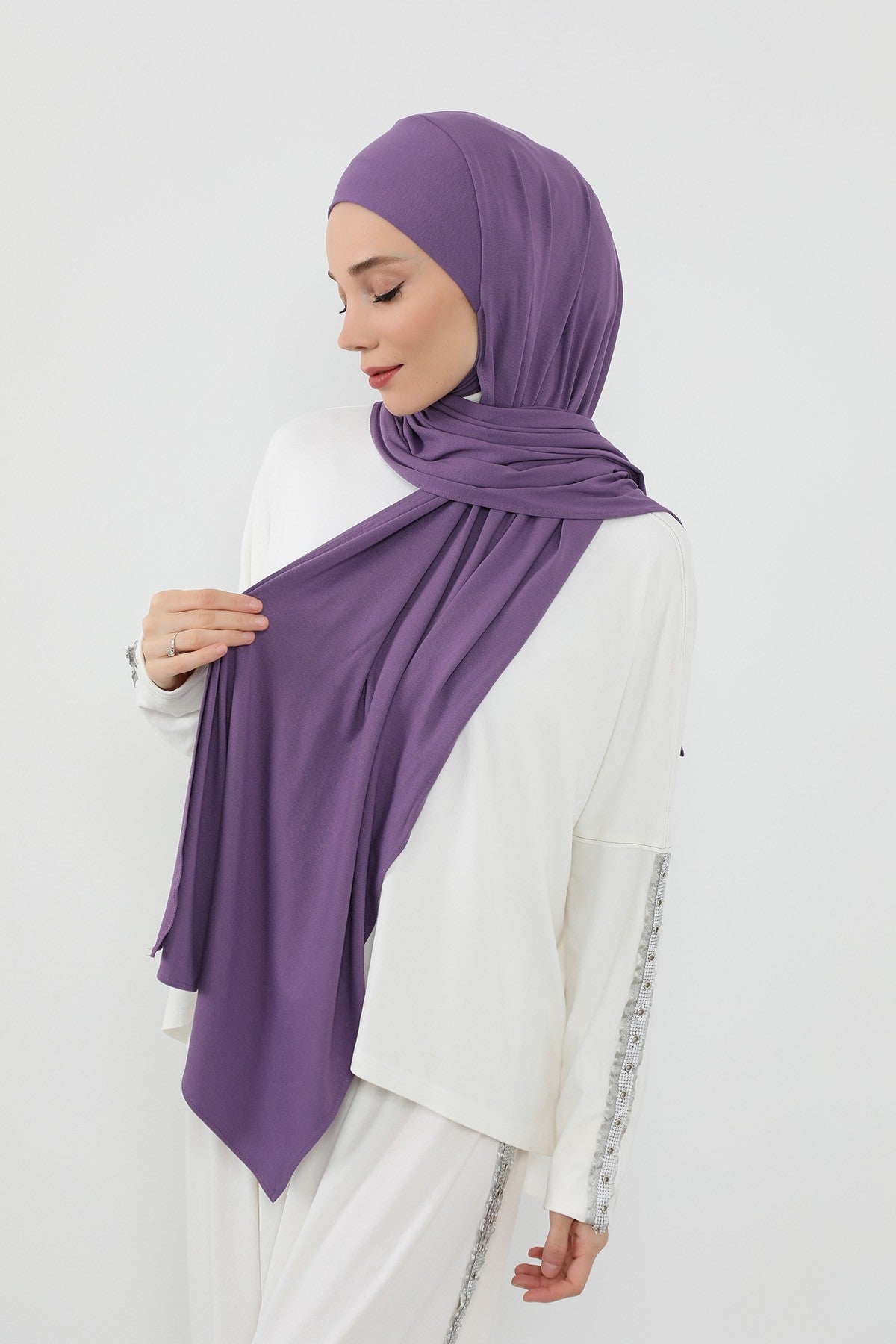 Neck-Covering Practical Jersey Hijab with Built-In Ninja Bonnet, Ready-to-Wear Hijab – Stretch Jersey Design with Integrated Undercap,PS-59 Purple 2
