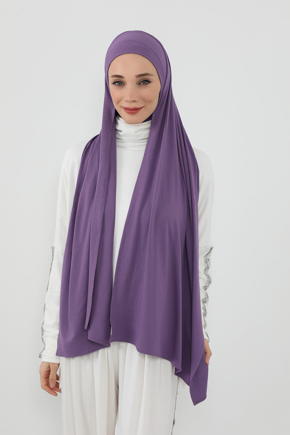Neck-Covering Practical Jersey Hijab with Built-In Ninja Bonnet, Ready-to-Wear Hijab – Stretch Jersey Design with Integrated Undercap,PS-59 Purple 2