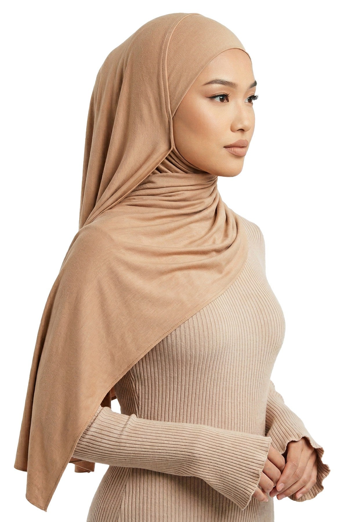 Neck-Covering Practical Jersey Hijab with Built-In Ninja Bonnet, Ready-to-Wear Hijab – Stretch Jersey Design with Integrated Undercap,PS-59 Sand Brown