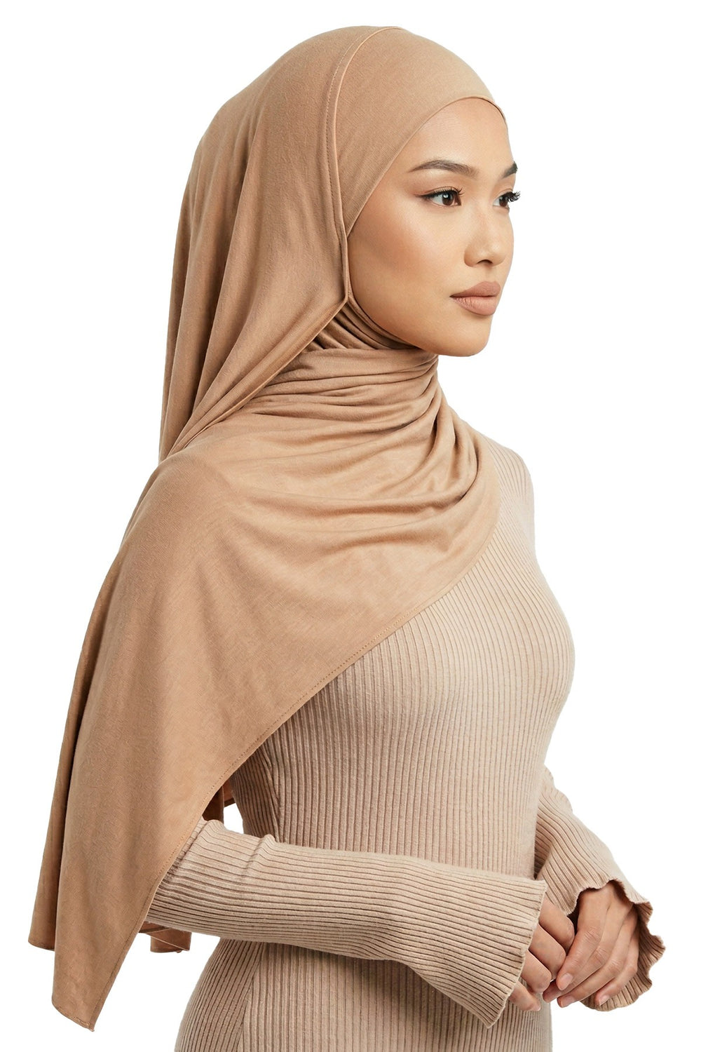 Neck-Covering Practical Jersey Hijab with Built-In Ninja Bonnet, Ready-to-Wear Hijab – Stretch Jersey Design with Integrated Undercap,PS-59 Sand Brown
