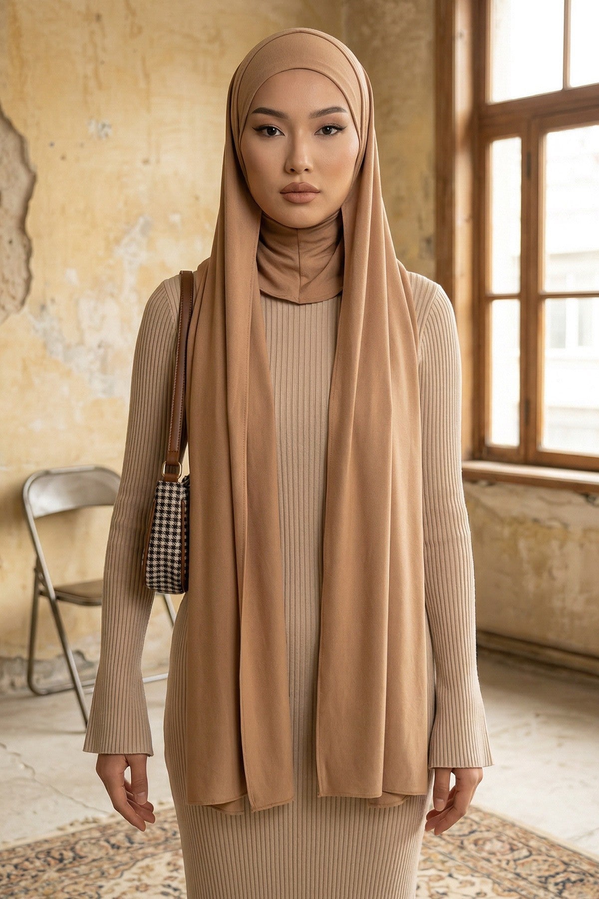 Neck-Covering Practical Jersey Hijab with Built-In Ninja Bonnet, Ready-to-Wear Hijab – Stretch Jersey Design with Integrated Undercap,PS-59 Sand Brown