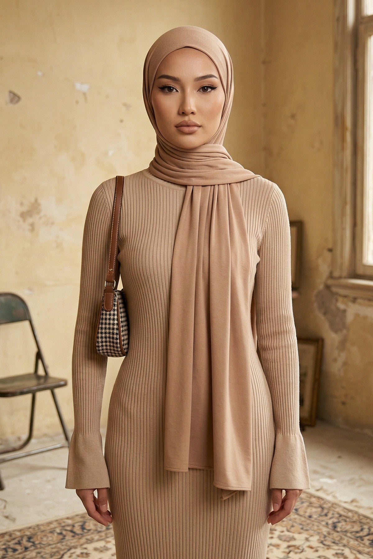 Neck-Covering Practical Jersey Hijab with Built-In Ninja Bonnet, Ready-to-Wear Hijab – Stretch Jersey Design with Integrated Undercap,PS-59 Sand Brown