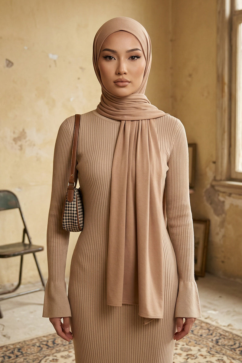 Neck-Covering Practical Jersey Hijab with Built-In Ninja Bonnet, Ready-to-Wear Hijab – Stretch Jersey Design with Integrated Undercap,PS-59