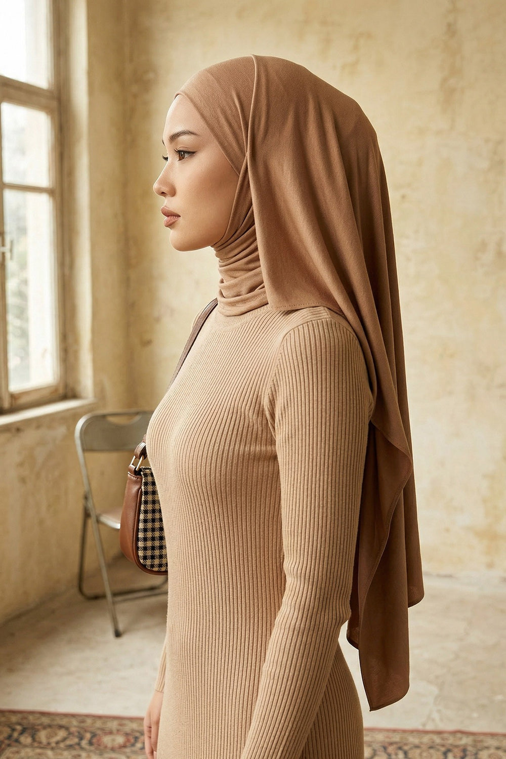 Neck-Covering Practical Jersey Hijab with Built-In Ninja Bonnet, Ready-to-Wear Hijab – Stretch Jersey Design with Integrated Undercap,PS-59 Sand Brown