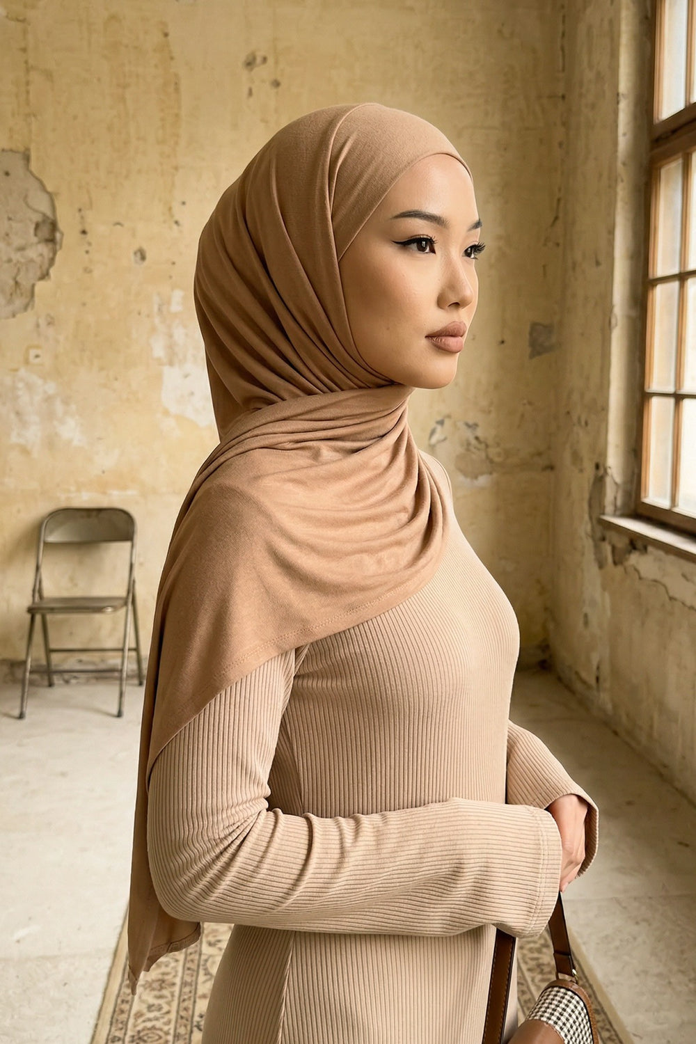 Neck-Covering Practical Jersey Hijab with Built-In Ninja Bonnet, Ready-to-Wear Hijab – Stretch Jersey Design with Integrated Undercap,PS-59 Sand Brown