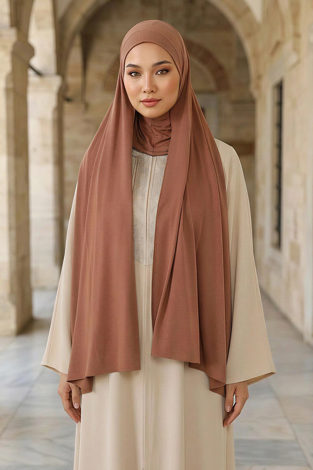 Neck-Covering Practical Jersey Hijab with Built-In Ninja Bonnet, Ready-to-Wear Hijab – Stretch Jersey Design with Integrated Undercap,PS-59 Caramel Brown