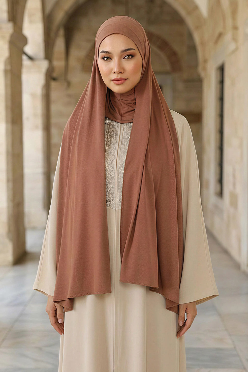 Neck-Covering Practical Jersey Hijab with Built-In Ninja Bonnet, Ready-to-Wear Hijab – Stretch Jersey Design with Integrated Undercap,PS-59 Caramel Brown