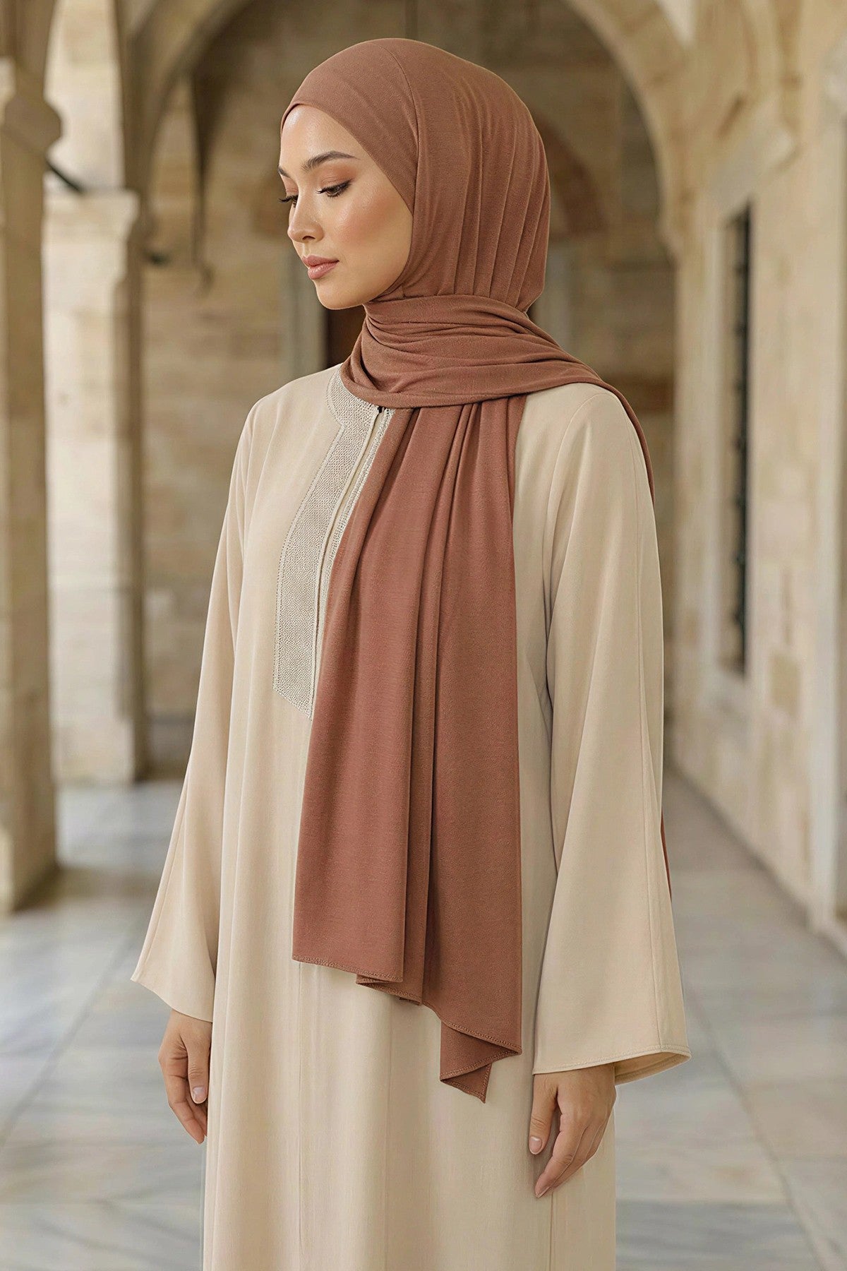 Neck-Covering Practical Jersey Hijab with Built-In Ninja Bonnet, Ready-to-Wear Hijab – Stretch Jersey Design with Integrated Undercap,PS-59 Caramel Brown