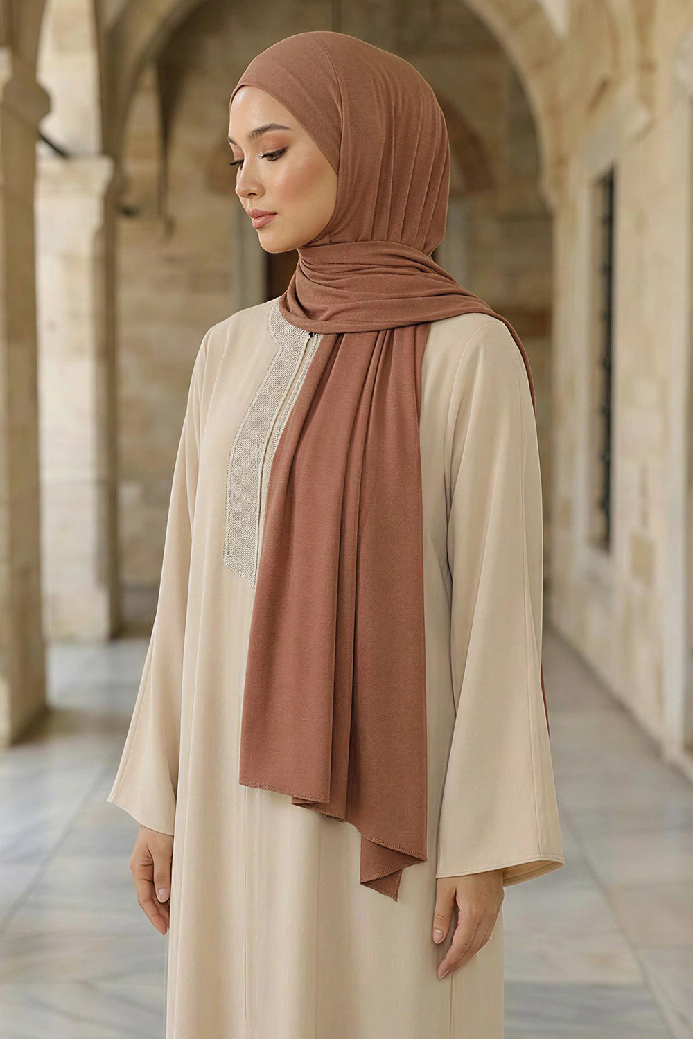 Neck-Covering Practical Jersey Hijab with Built-In Ninja Bonnet, Ready-to-Wear Hijab – Stretch Jersey Design with Integrated Undercap,PS-59 Caramel Brown