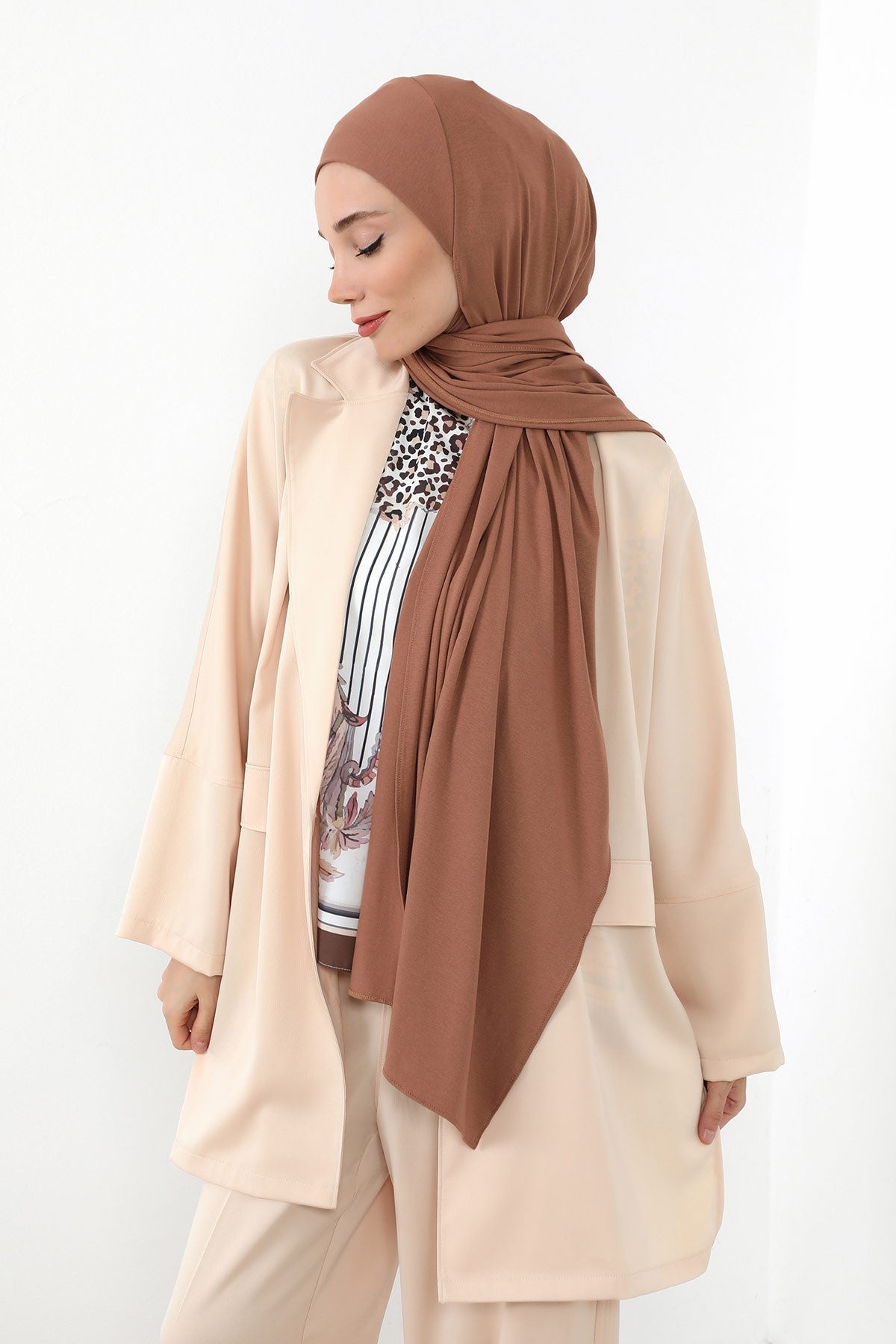 Neck-Covering Practical Jersey Hijab with Built-In Ninja Bonnet, Ready-to-Wear Hijab – Stretch Jersey Design with Integrated Undercap,PS-59 Caramel Brown
