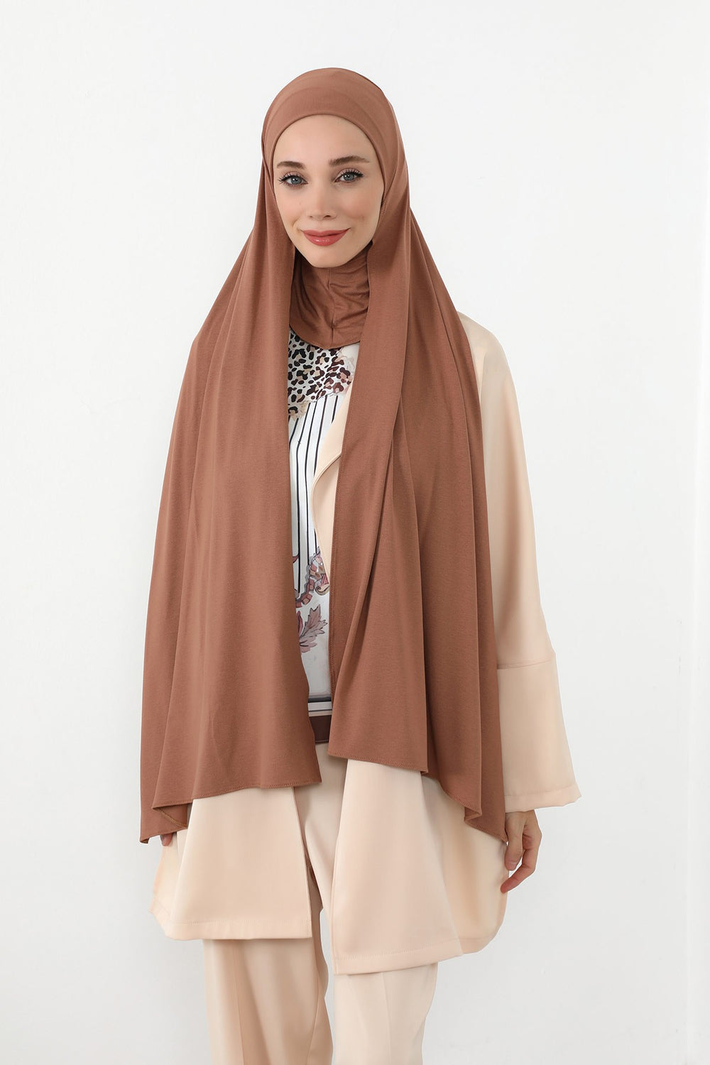 Neck-Covering Practical Jersey Hijab with Built-In Ninja Bonnet, Ready-to-Wear Hijab – Stretch Jersey Design with Integrated Undercap,PS-59 Caramel Brown