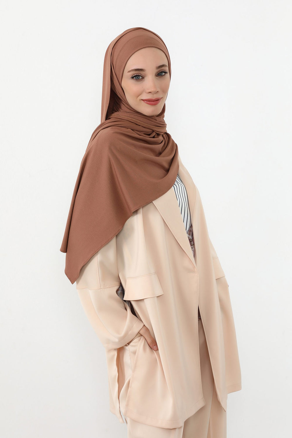 Neck-Covering Practical Jersey Hijab with Built-In Ninja Bonnet, Ready-to-Wear Hijab – Stretch Jersey Design with Integrated Undercap,PS-59 Caramel Brown