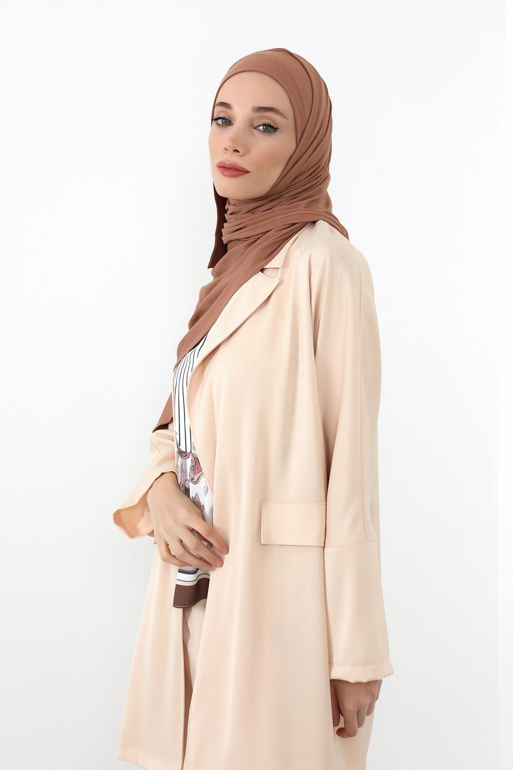 Neck-Covering Practical Jersey Hijab with Built-In Ninja Bonnet, Ready-to-Wear Hijab – Stretch Jersey Design with Integrated Undercap,PS-59 Caramel Brown