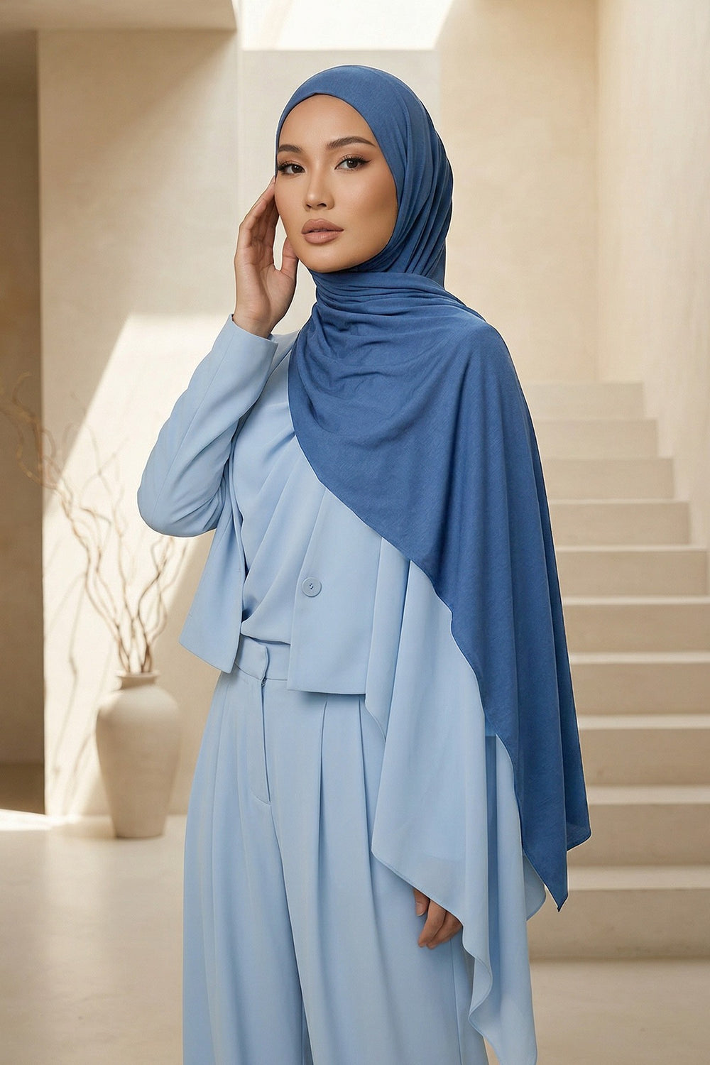 Neck-Covering Practical Jersey Hijab with Built-In Ninja Bonnet, Ready-to-Wear Hijab – Stretch Jersey Design with Integrated Undercap,PS-59 İndigo